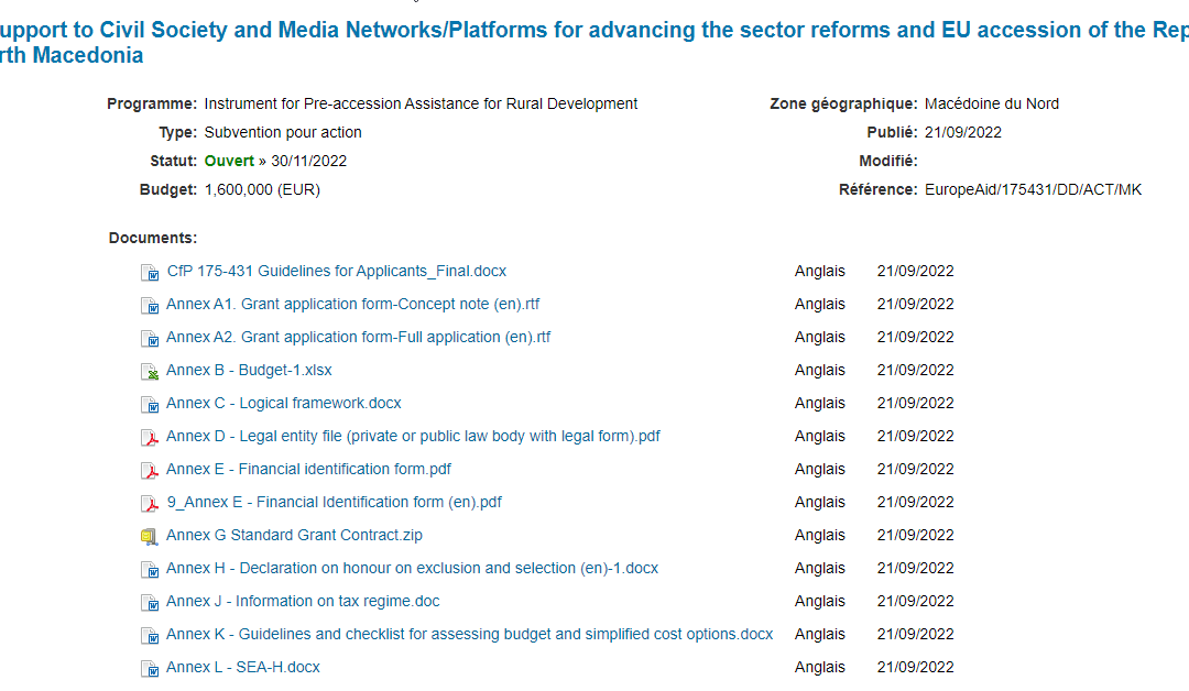 Launched Call for Proposals – EU Support to Civil Society and Media Networks/Platforms for advancing the sector reforms and EU accession of the Republic of North Macedonia  EuropeAid/175431/DD/ACT/MK 