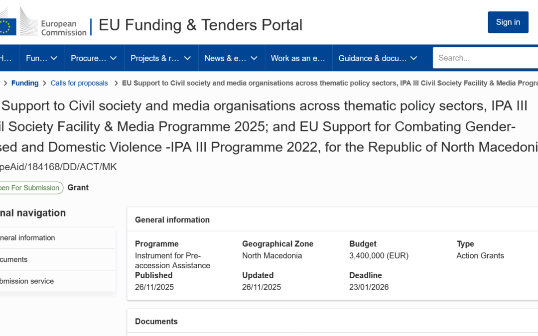 Call for proposals: EU Support to Civil Society and Media Organisations across thematic policy sectors, IPA III Civil Society Facility and Media Programme for the Republic of North Macedonia, 2025 and EU Support for Combating